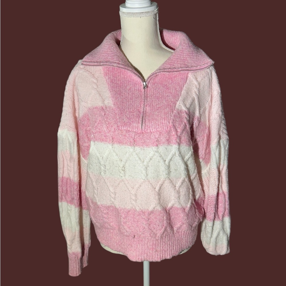 No Boundaries Pink and White Cowl Neck Sweater